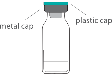A vial containing CABLIVI. The vial has a metal cap, and a plastic cap